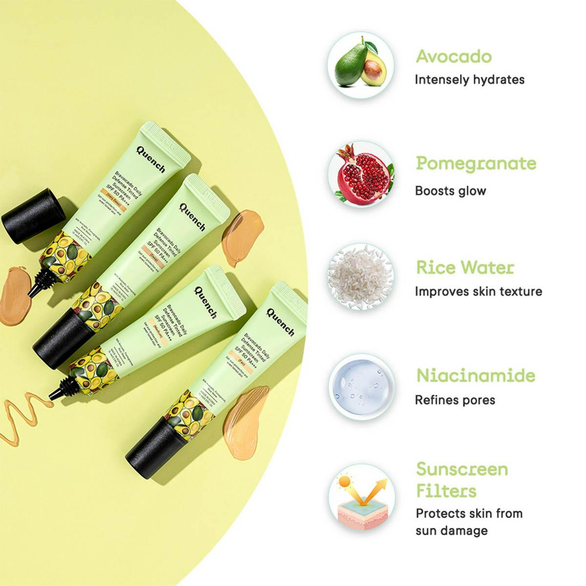 Quench Bravocado SPF 50+ PA++++ Sunscreen Gel With Avocado, Rice Water & Pomegranate, Korean Beauty | Swadesiicart