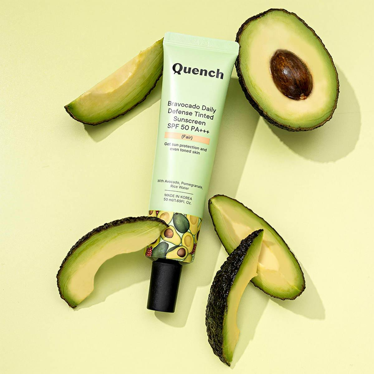 Quench Bravocado SPF 50+ PA++++ Sunscreen Gel With Avocado, Rice Water & Pomegranate, Korean Beauty | Swadesiicart