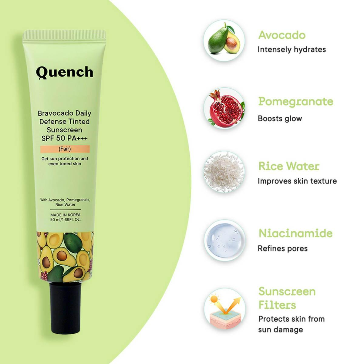 Quench Bravocado SPF 50+ PA++++ Sunscreen Gel With Avocado, Rice Water & Pomegranate, Korean Beauty | Swadesiicart
