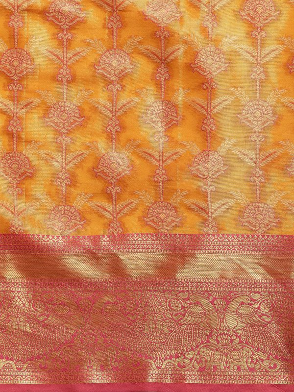 Mustard Brocade Zari Woven Floral Saree with Unstitched Blouse - Hiral Fashion | Swadesiicart