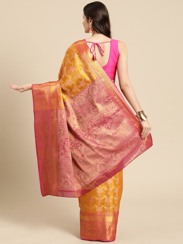 Mustard Brocade Zari Woven Floral Saree with Unstitched Blouse - Hiral Fashion | Swadesiicart