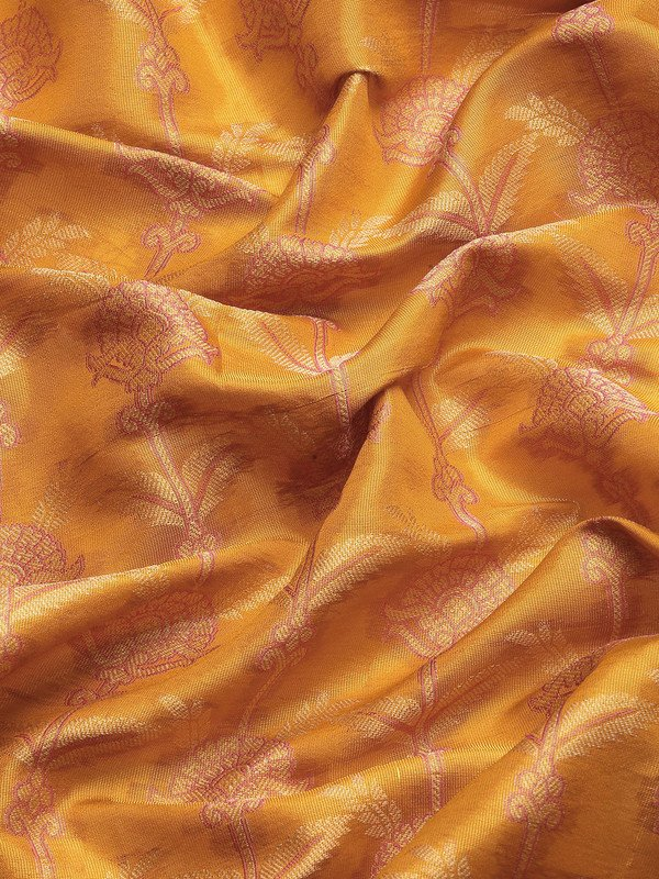 Mustard Brocade Zari Woven Floral Saree with Unstitched Blouse - Hiral Fashion | Swadesiicart