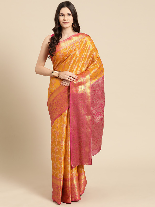 Mustard Brocade Zari Woven Floral Saree with Unstitched Blouse - Hiral Fashion | Swadesiicart