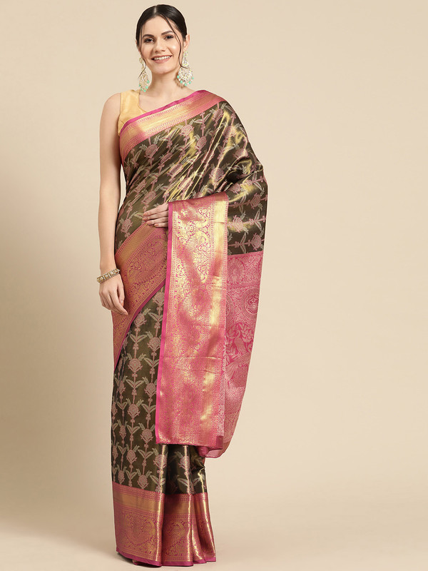 Black Brocade Zari Woven Floral Saree with Unstitched Blouse - Hiral Fashion | Swadesiicart