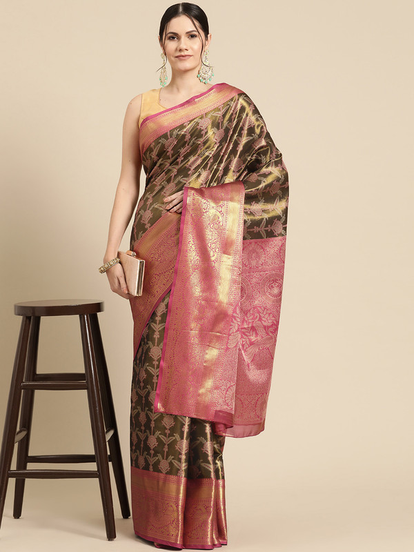 Black Brocade Zari Woven Floral Saree with Unstitched Blouse - Hiral Fashion | Swadesiicart