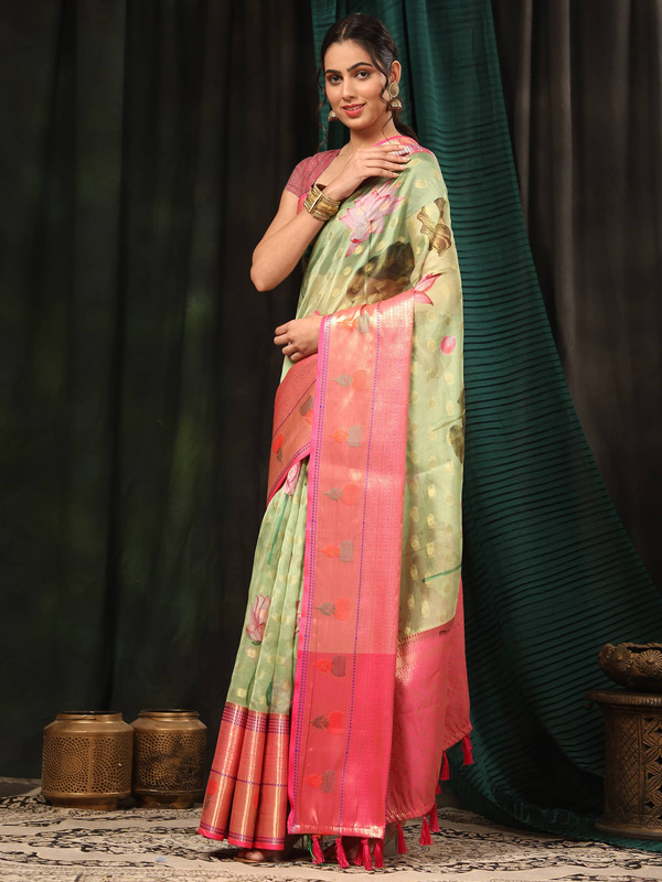 Green Art Silk Digital Print Floral Saree with Unstitched Blouse - Hiral Fashion | Swadesiicart