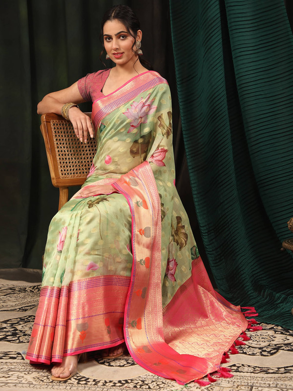 Green Art Silk Digital Print Floral Saree with Unstitched Blouse - Hiral Fashion | Swadesiicart