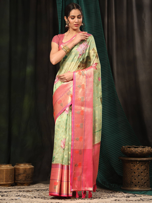 Green Art Silk Digital Print Floral Saree with Unstitched Blouse - Hiral Fashion | Swadesiicart