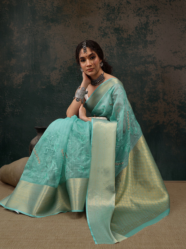 Turquoise Kota Doria Embroidered Floral Saree with Unstitched Blouse - Hiral Fashion | Swadesiicart