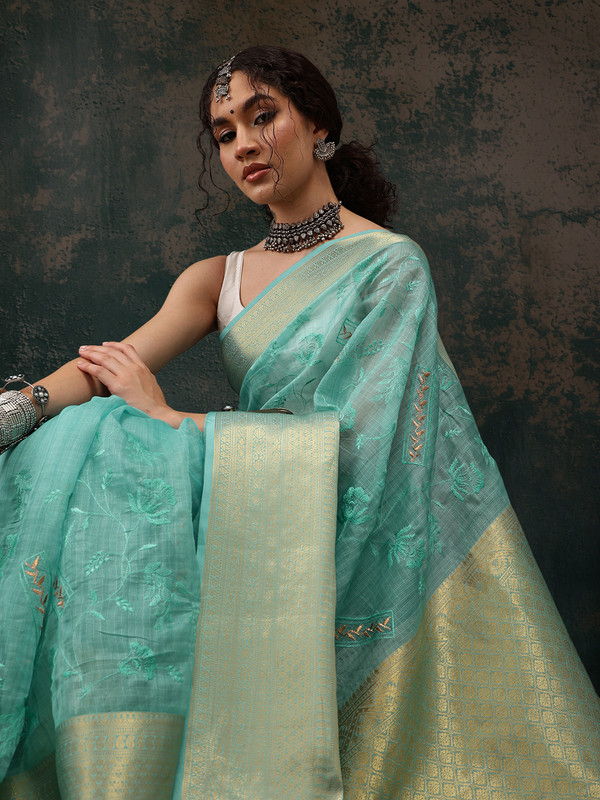 Turquoise Kota Doria Embroidered Floral Saree with Unstitched Blouse - Hiral Fashion | Swadesiicart