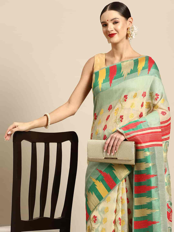 Green Pure Cotton Woven Zari Design Floral Saree with Unstitched Blouse - Hiral Fashion | Swadesiicart