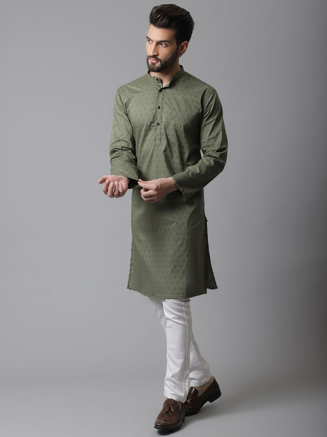 Even Apparels Green Pure Cotton Kurta With Band Collar | Swadesiicart