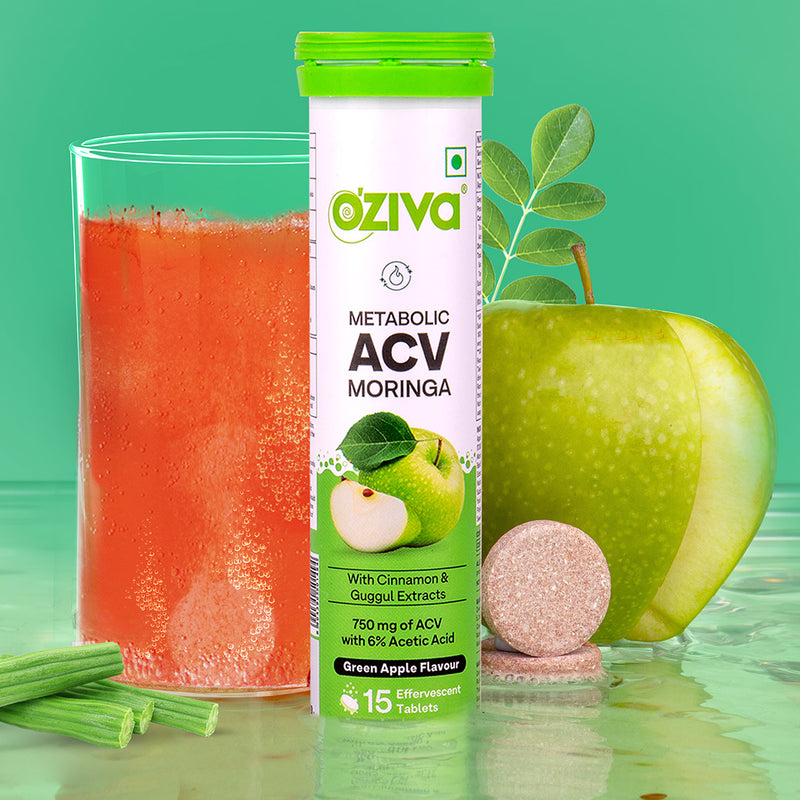 OZiva ACV Moringa For Weight Loss 3-in-1 Fat Oxidation Formula Tablets - Green Apple Flavor - Swadesiicart