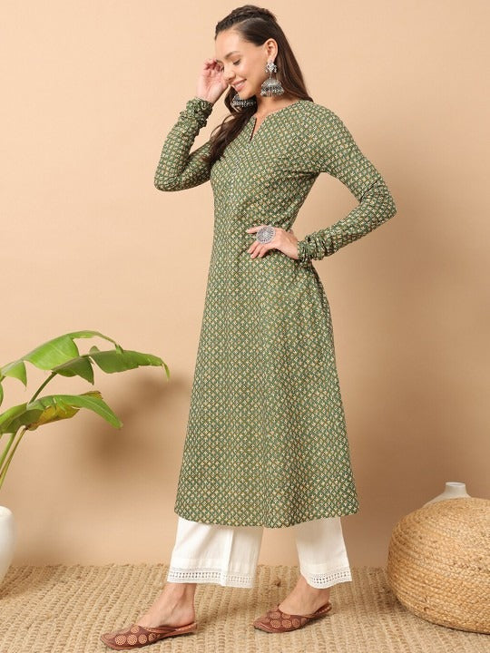 FIORRA Women's Floral Printed Green Cotton A-Line Kurta - Swadesiicart