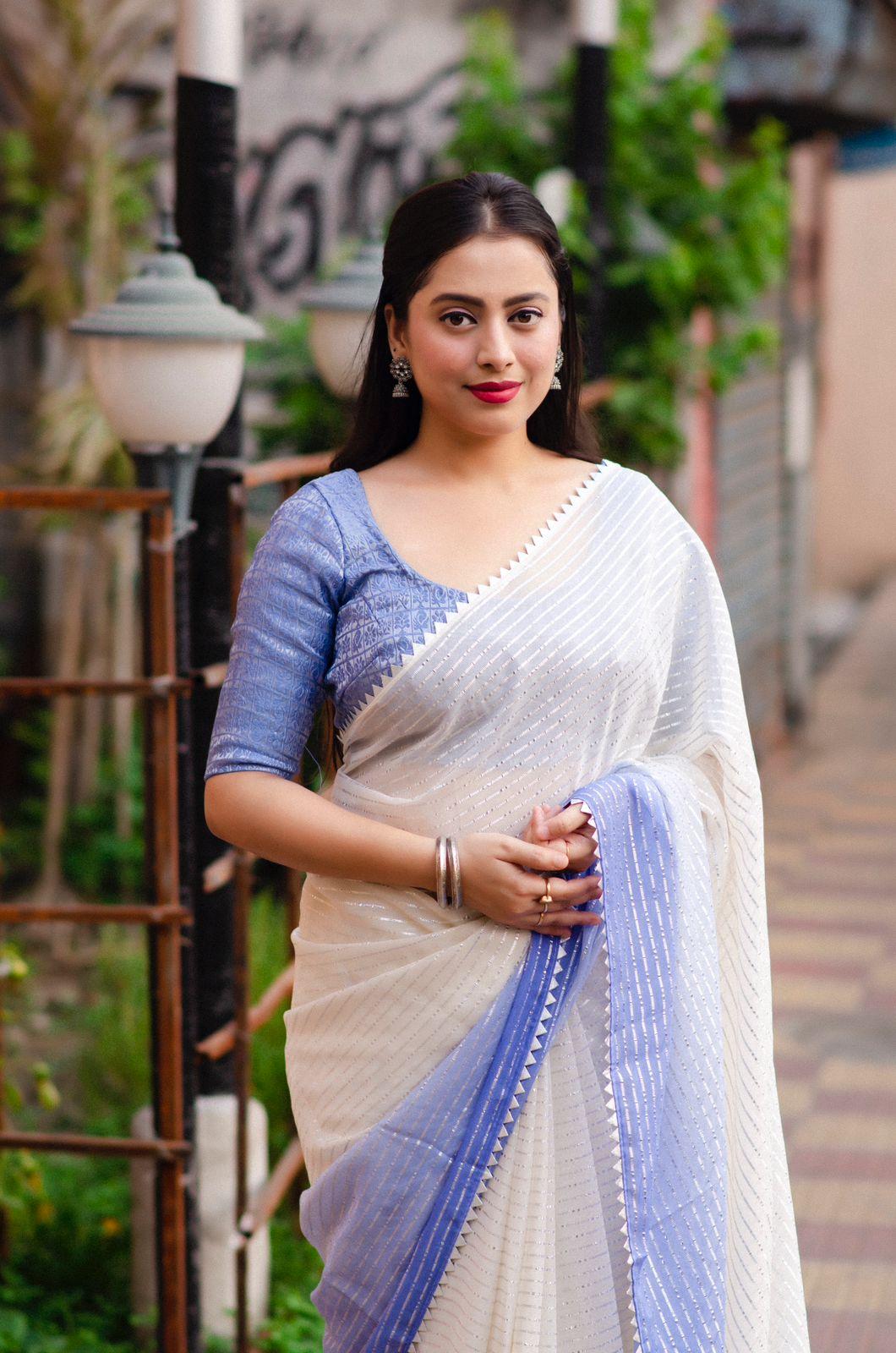 Lavender Poly Chiffon Striped Saree with Unstitched Blouse - Hiral Fashion | Swadesiicart