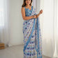 Blue Chinon Designer Digital Printed,Mirror Cut Work Saree - Elayna