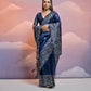 Vishnu Weaves Women's Navy-Blue Handloom Raw Silk Woven Border Saree with Blouse - Swadesiicart