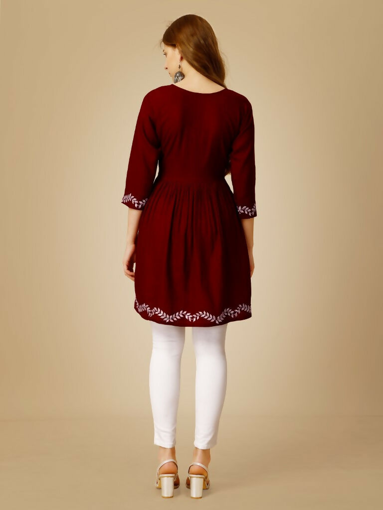 Jyoti Fashion Women's Maroon Viscose Rayon Embroidered Casual Top | Swadesiicart