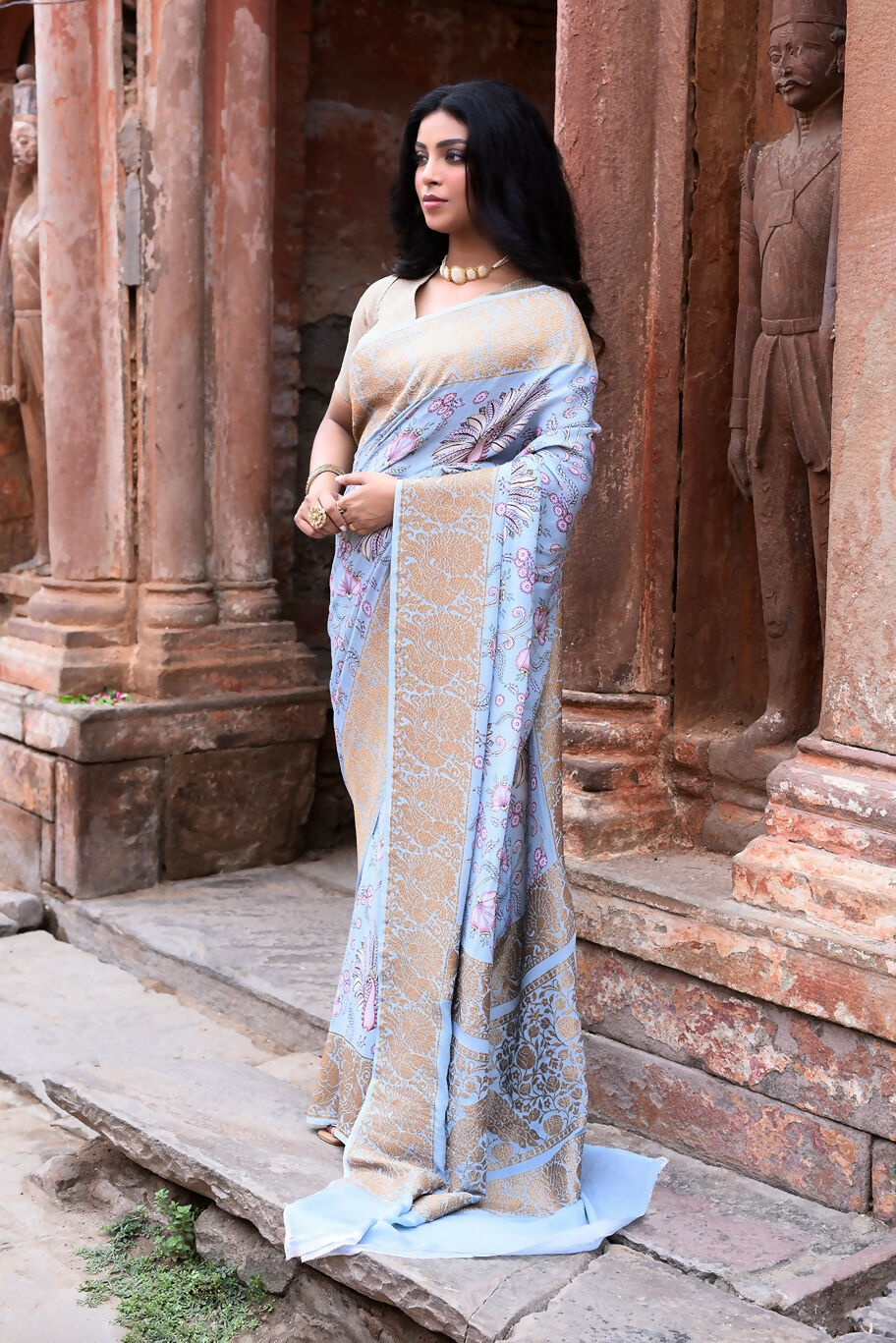 Joban Fashion Light Blue Crepe Chiffon Pure Handloom Banarasi Silk Saree | Swadesiicart