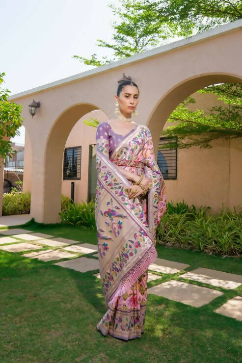 Vishnu Weaves Women's Baby Pink Paithani Silk Zari Woven Saree with Unstitched Blouse - Swadesiicart