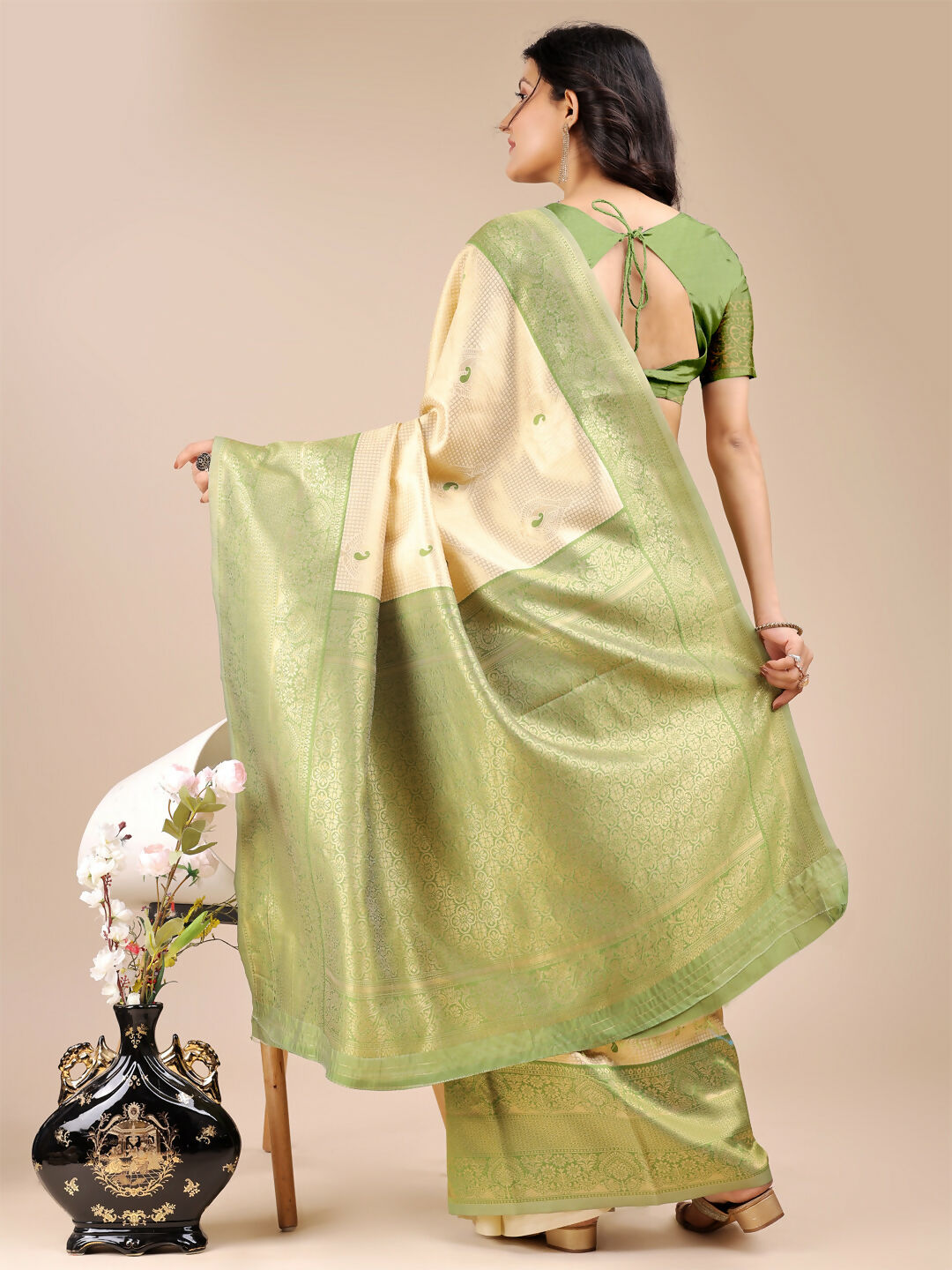 Astita Aura Silk Cream Light Green Banarasi Silk Saree | Swadesiicart