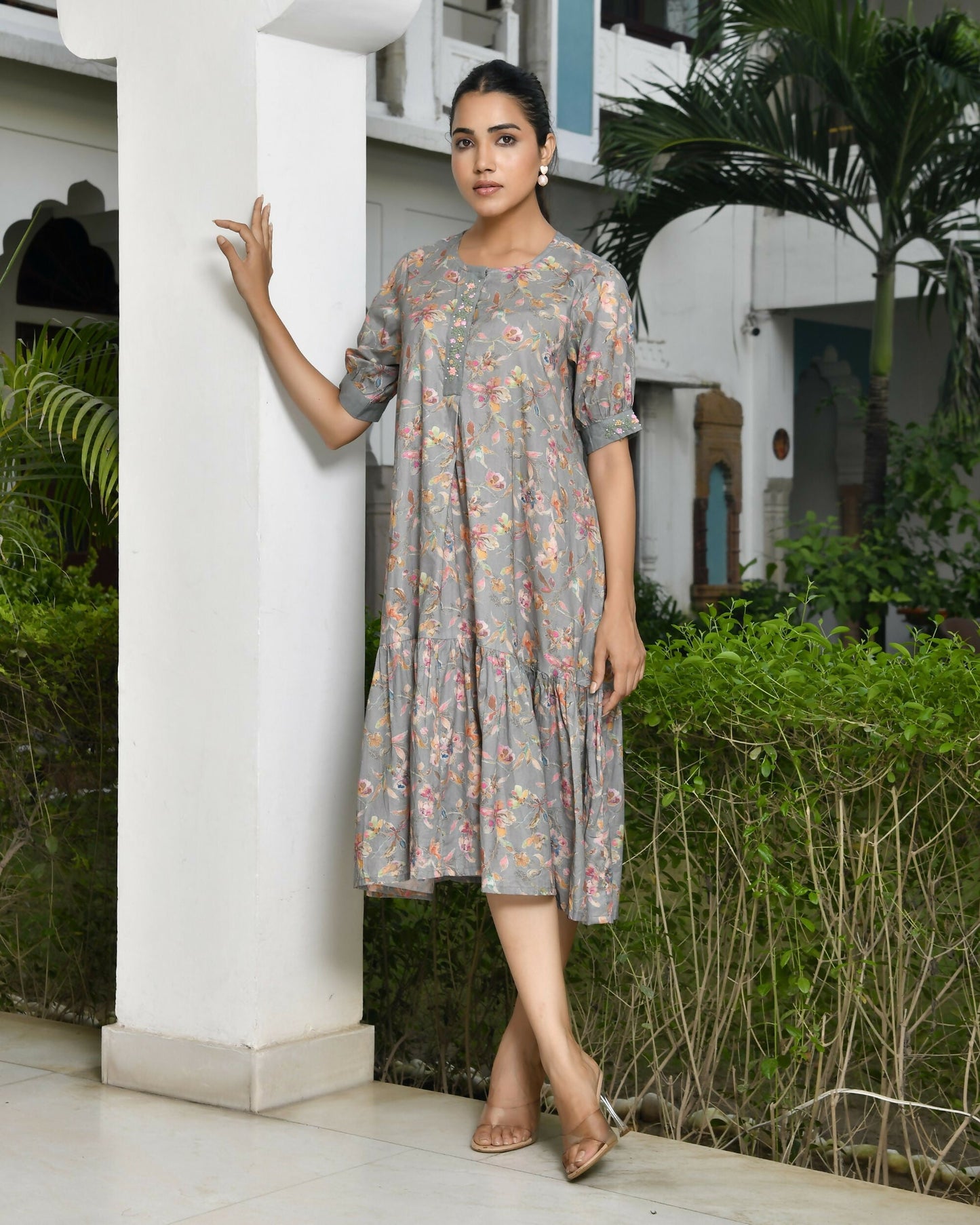 Vaasva Women's Grey Cotton Digital Printed Embroidered Placket Dress | Swadesiicart