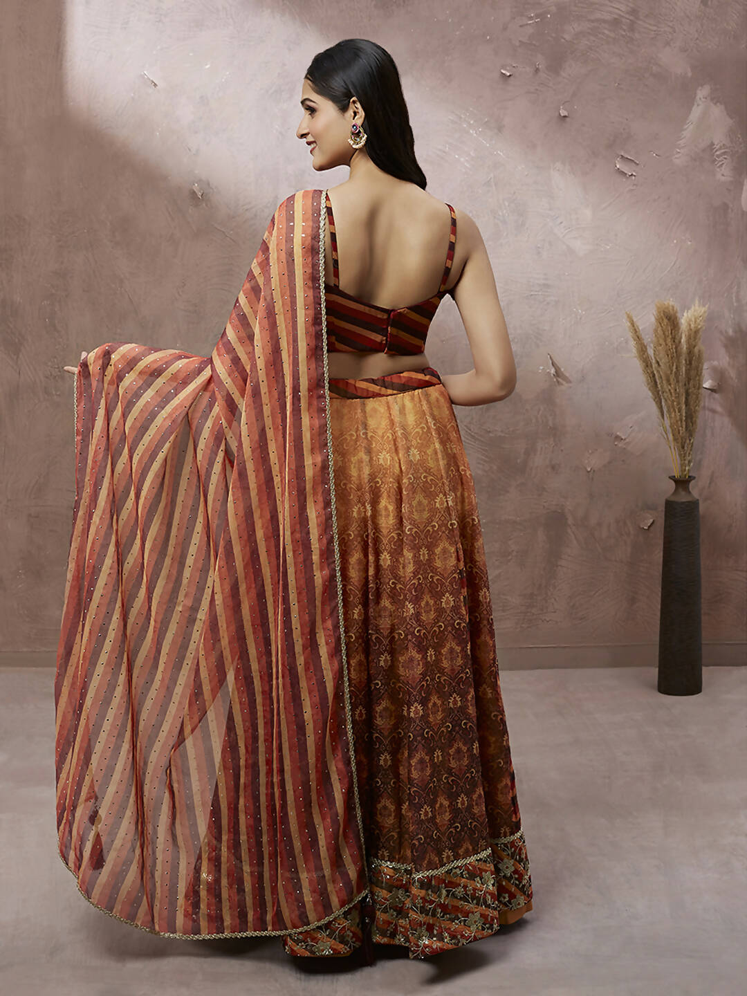House of Panchhi Brown Organza Floral Print and sequinse work Lehenga choli & Dupatta | Swadesiicart
