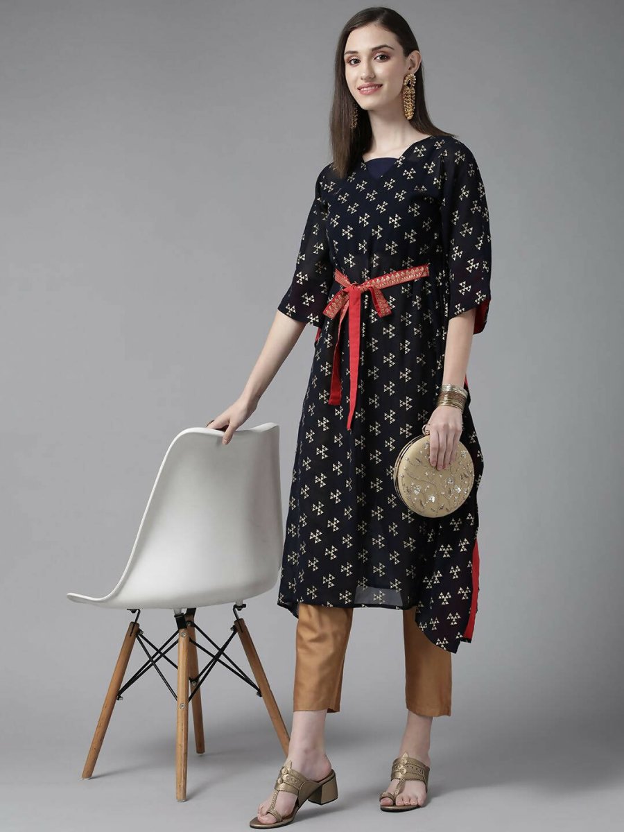 Ahalyaa Women Navy Blue Georgette Gold Printed Kaftan Kurta | Swadesiicart
