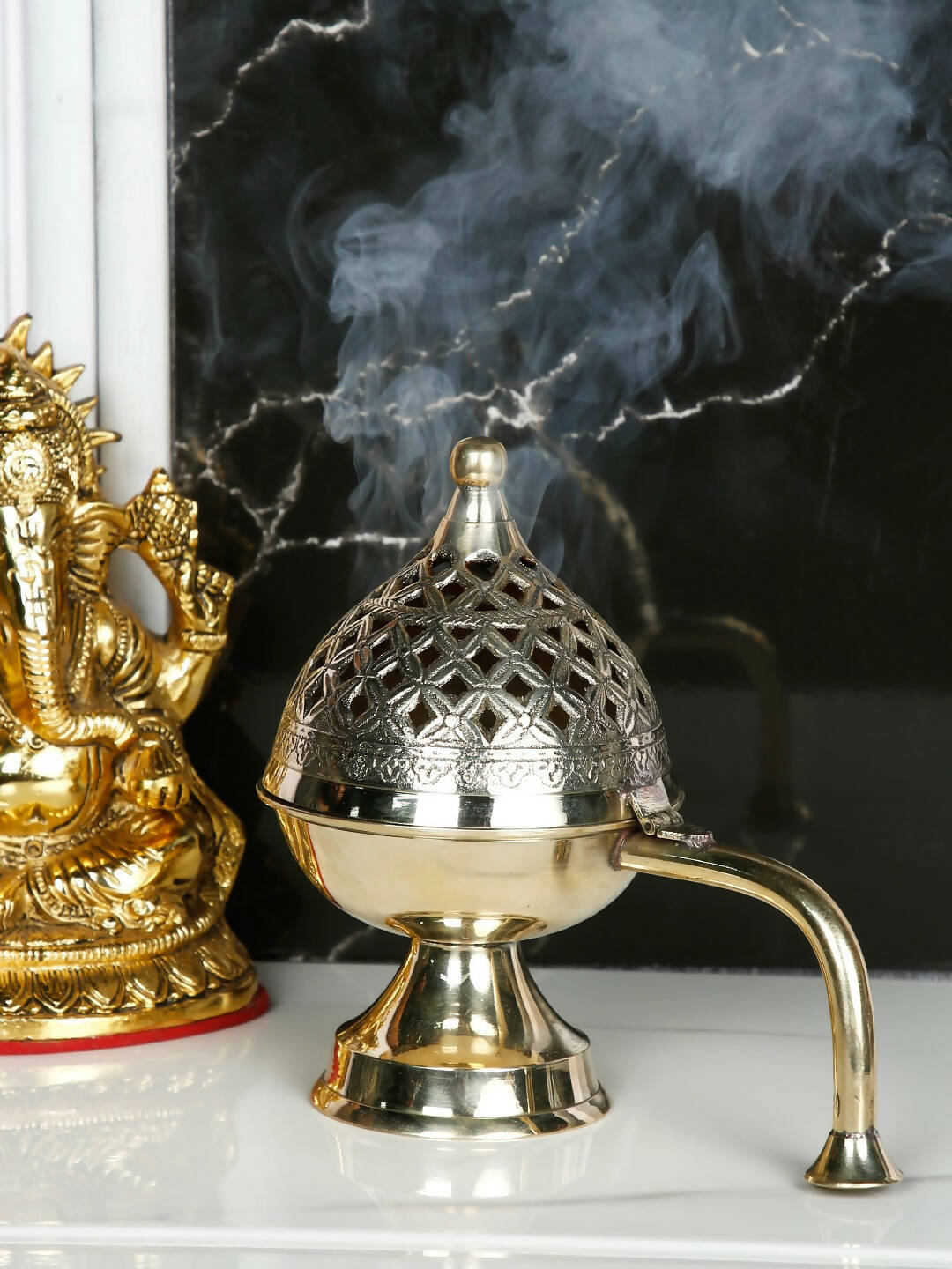 CraftVatika Gold-Toned Dhoop Dani Loban With Handle & Incense Stick Holder Showpiece | Swadesiicart