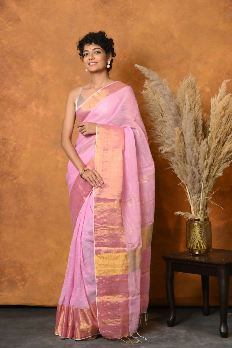 Very Much Indian Handloom Pure Cotton Linen Saree With Golden Border - Pink | Swadesiicart