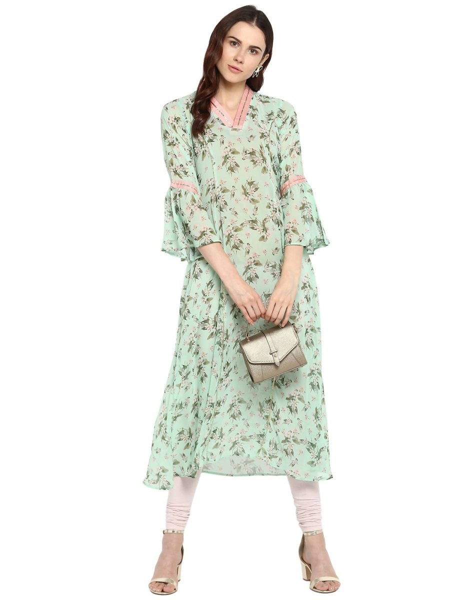 Ahalyaa Women's Yellow Geogette Digital Print Kurta | Swadesiicart
