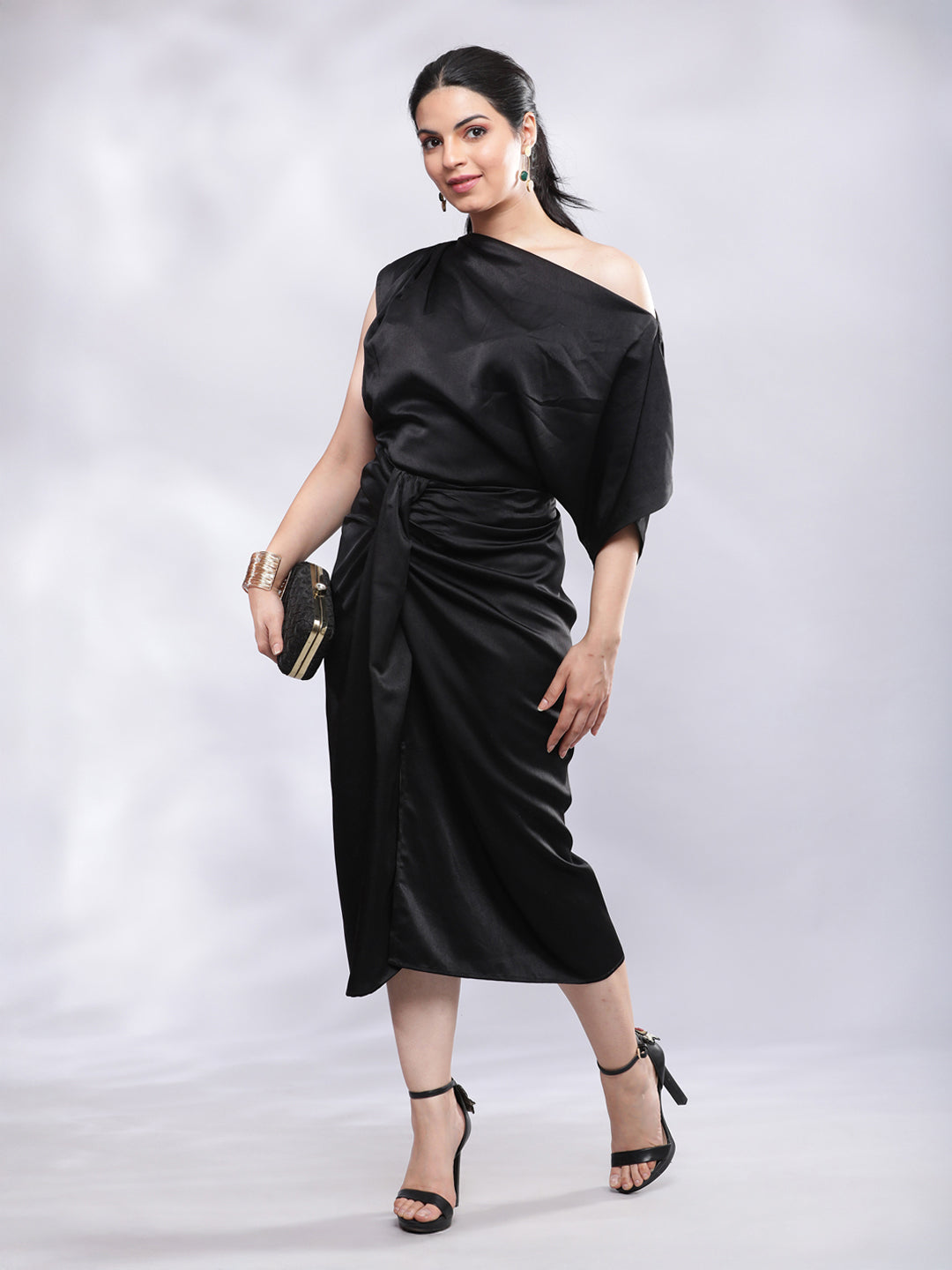 BohoJazz Drape Skirt with One Shoulder Cowl Top Co-ord Set - Black - Swadesiicart