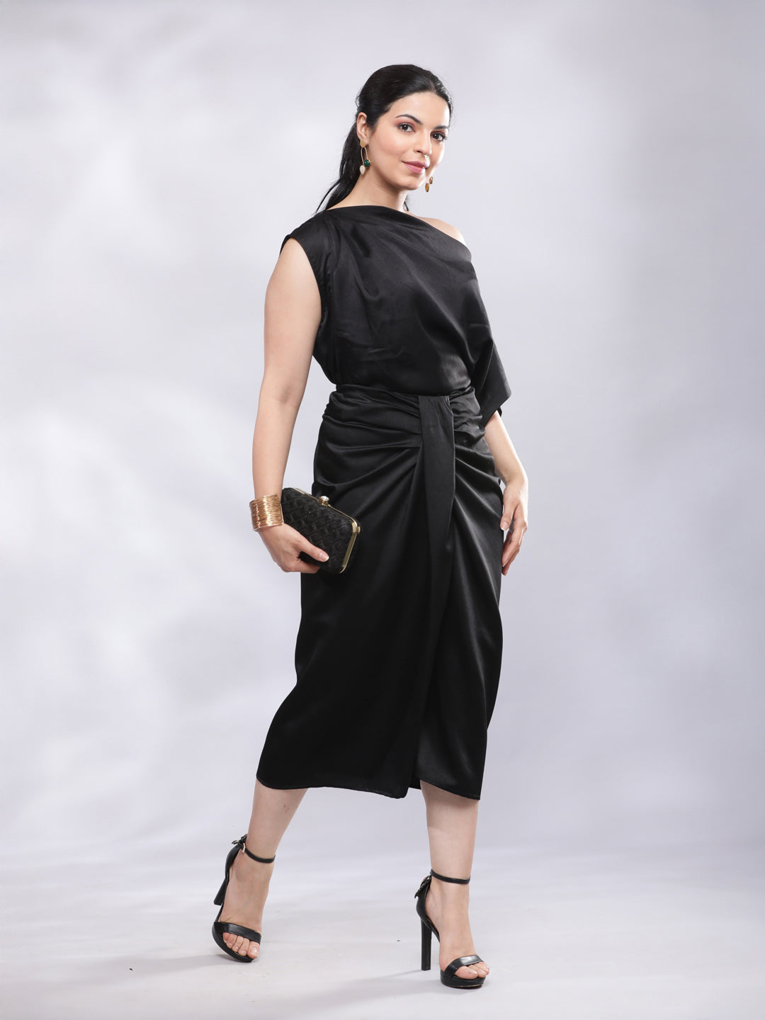 BohoJazz Drape Skirt with One Shoulder Cowl Top Co-ord Set - Black - Swadesiicart