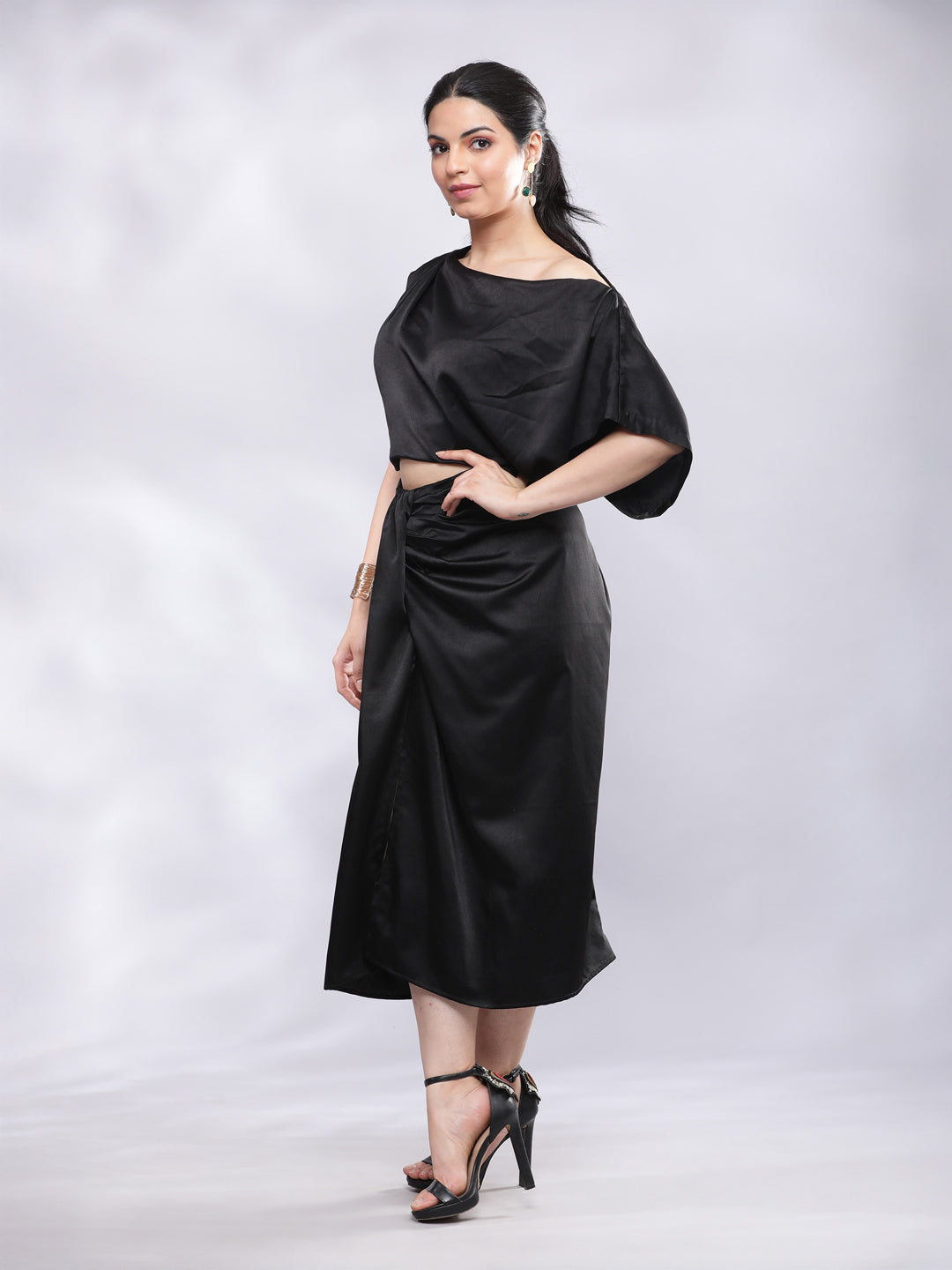 BohoJazz Drape Skirt with One Shoulder Cowl Top Co-ord Set - Black - Swadesiicart