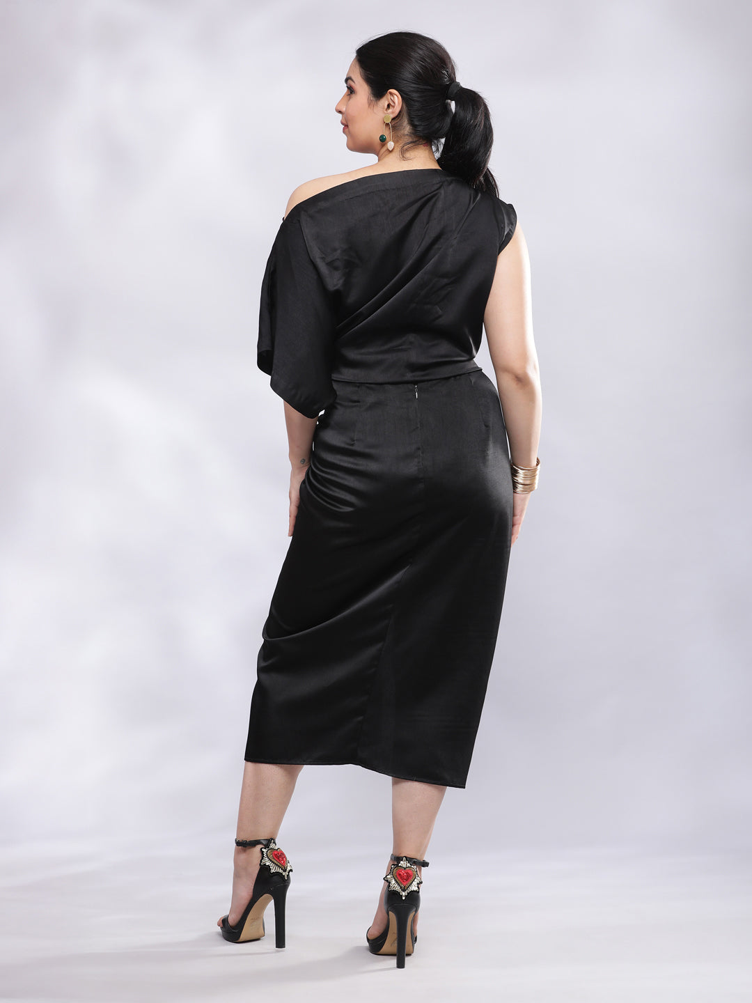 BohoJazz Drape Skirt with One Shoulder Cowl Top Co-ord Set - Black - Swadesiicart