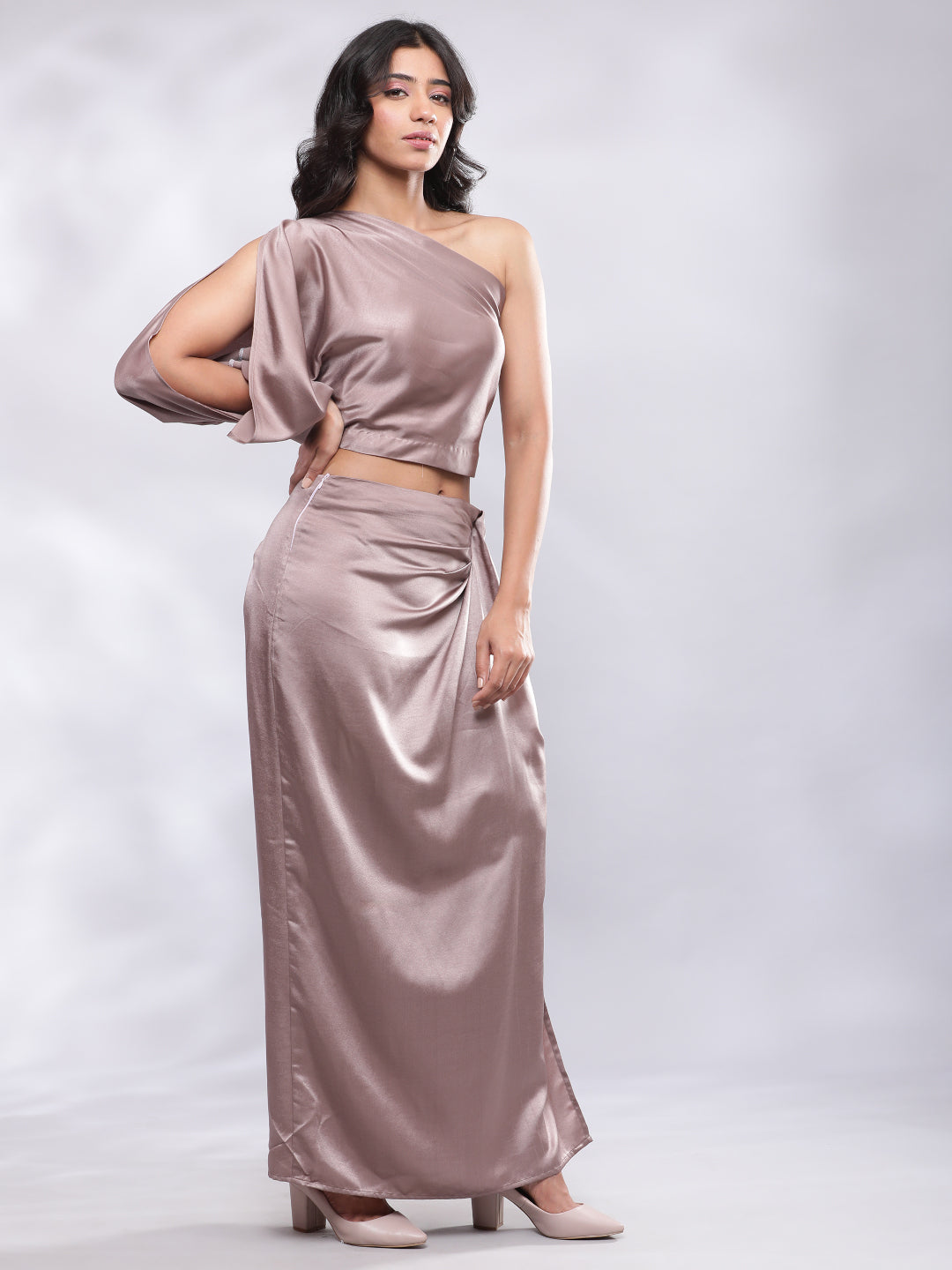BohoJazz Drape Skirt with One Shoulder Cowl Top Co-ord Set - Champagne - Swadesiicart