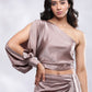 BohoJazz Drape Skirt with One Shoulder Cowl Top Co-ord Set - Champagne - Swadesiicart