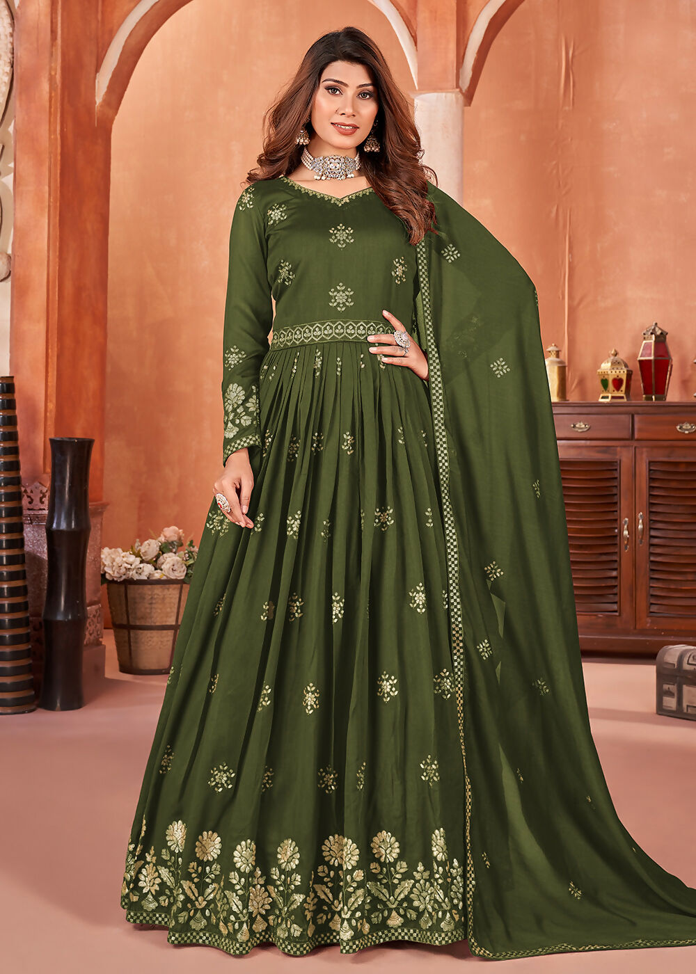 Mehndi Green Festive Embroidered Art Silk Anarkali Suit - Emponline | Swadesiicart