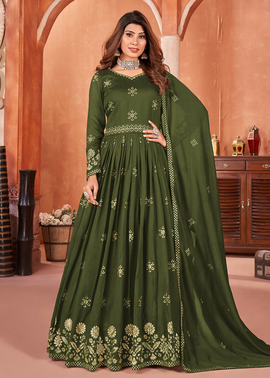 Mehndi Green Festive Embroidered Art Silk Anarkali Suit - Emponline | Swadesiicart