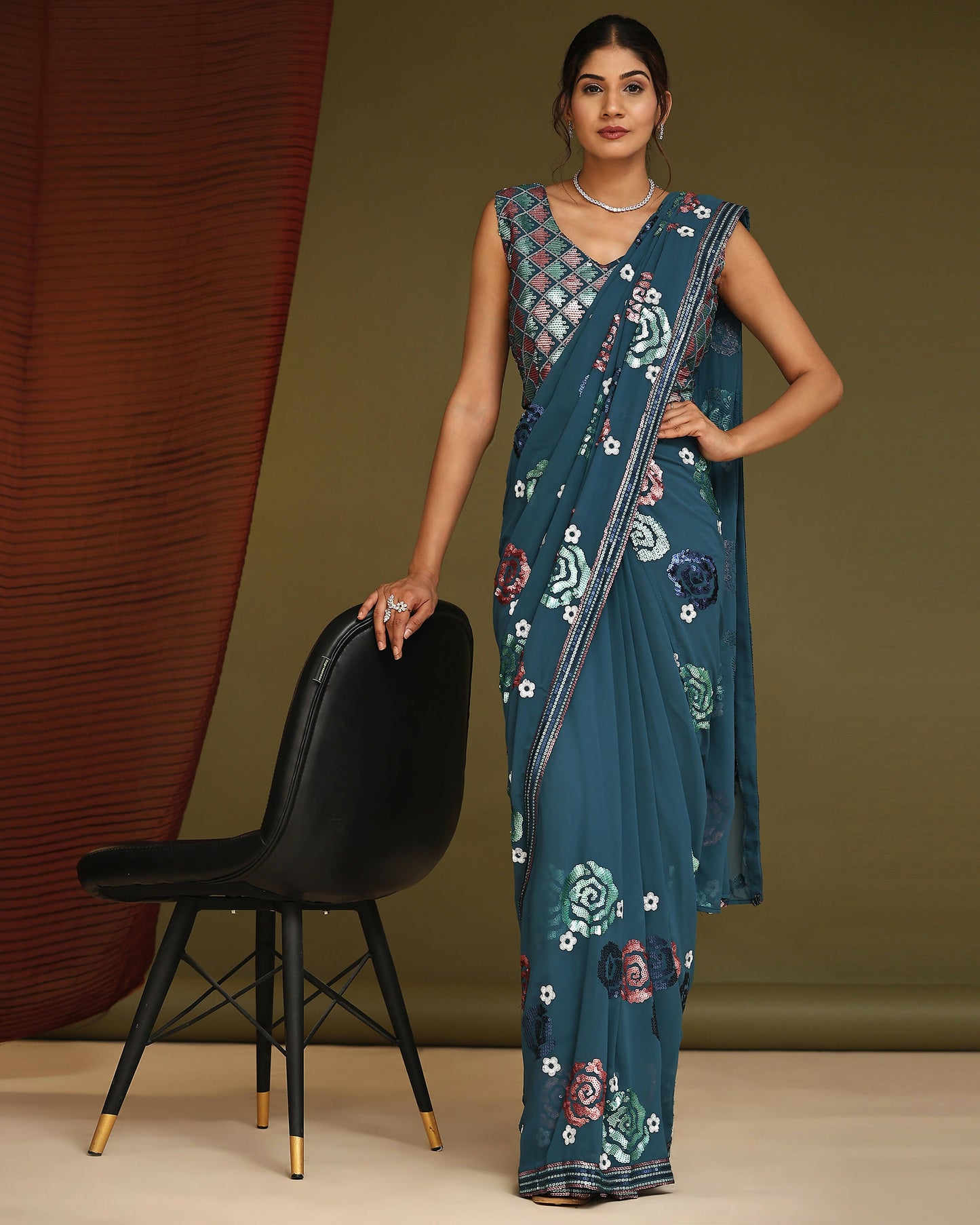 Blue Pure Georgette Sequence work Ready to wear Saree with stitched Blouse - Nirvana | Swadesiicart
