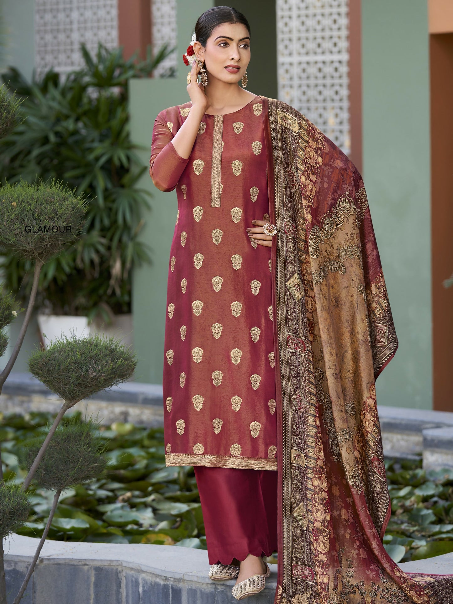 Jyoti Fashion Women's Maroon Pure Silk Elegant Jacquard Woven Kurta with Trouser & Dupatta | Swadesiicart