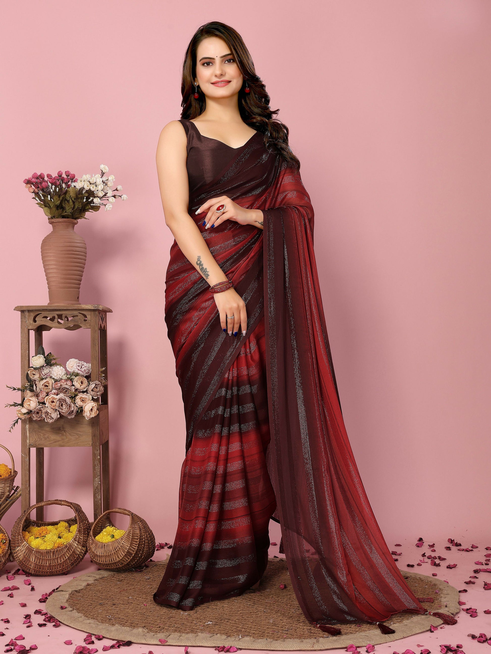 Attractive These Party Wear Ready To Wear Saree - Burgundy | Swadesiicart