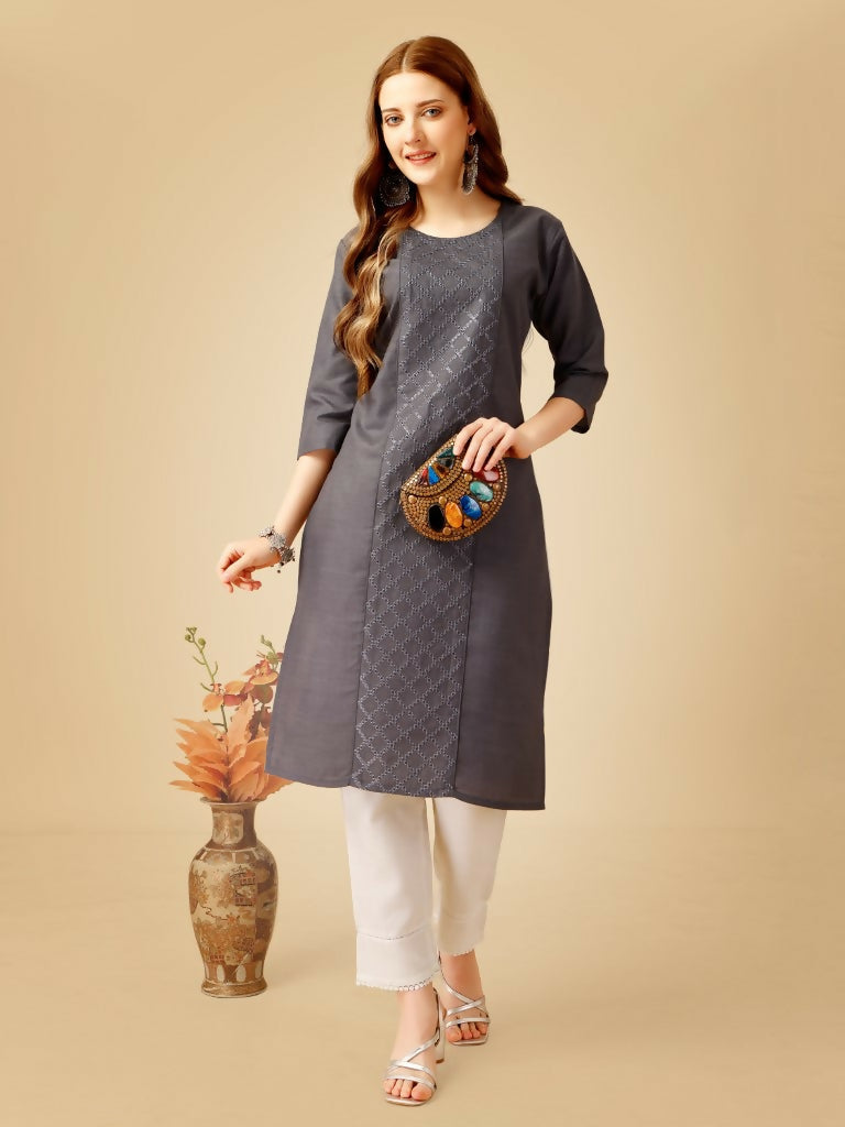 Jyoti Fashion Women's Grey Cotton Blend Embroidered Kurta Pant Set | Swadesiicart