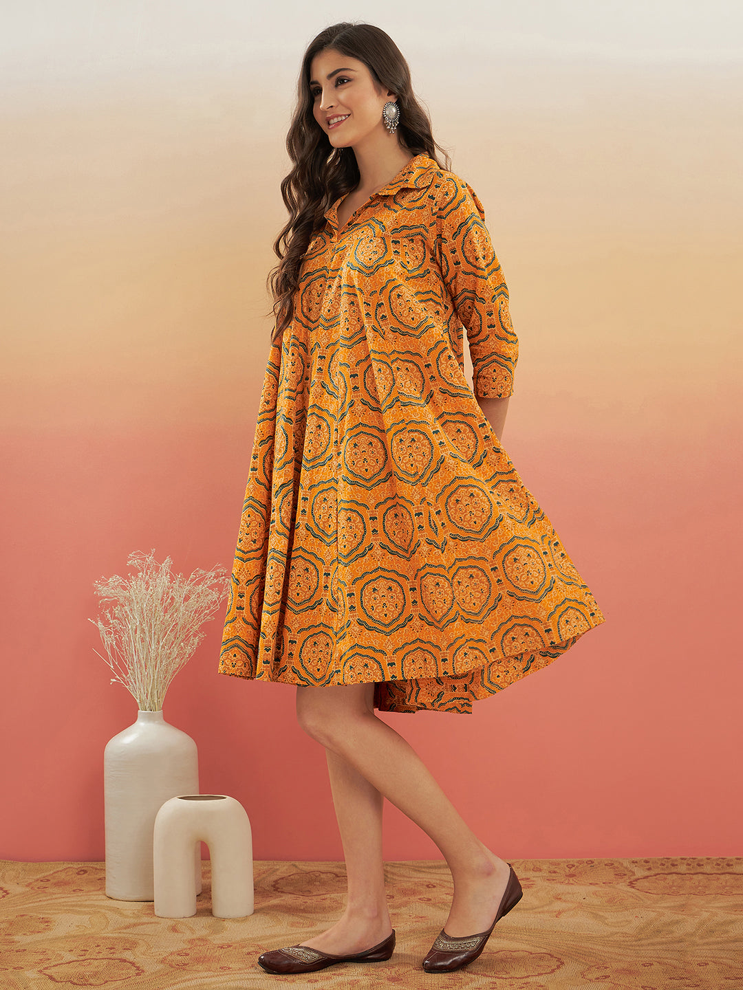 InWeave Women's Haldi Yellow Mughal Kalamkari Flared Dress - Swadesiicart
