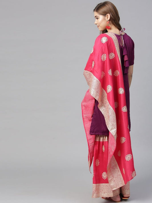 Ahalyaa Women's Purple Poly Silk Solid Kurta and Red Printed Sharara With Dupatta | Swadesiicart
