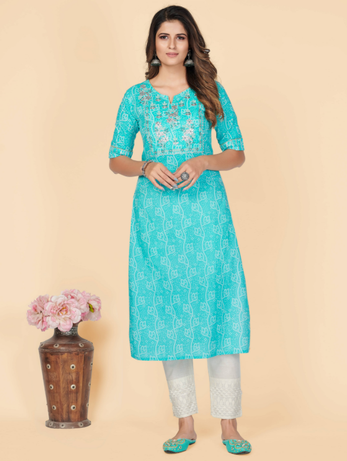 NOZ2TOZ Women's Printed & Embroidered Straight Cotton Sky Blue Stitched Kurta (1Pc) - Noz2Toz