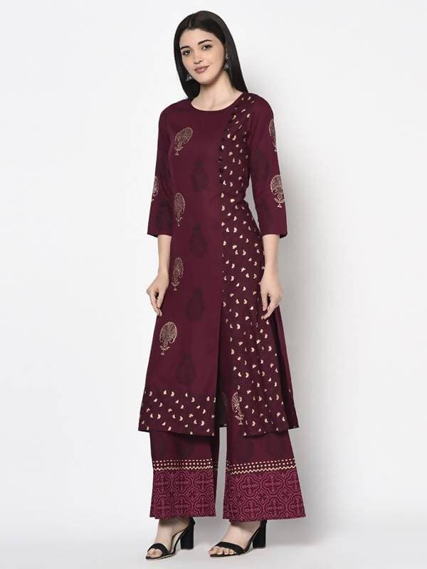 Aniyah Rayon Wine Color Block Print Straight Kurta (AN-175K) - Swadesiicart