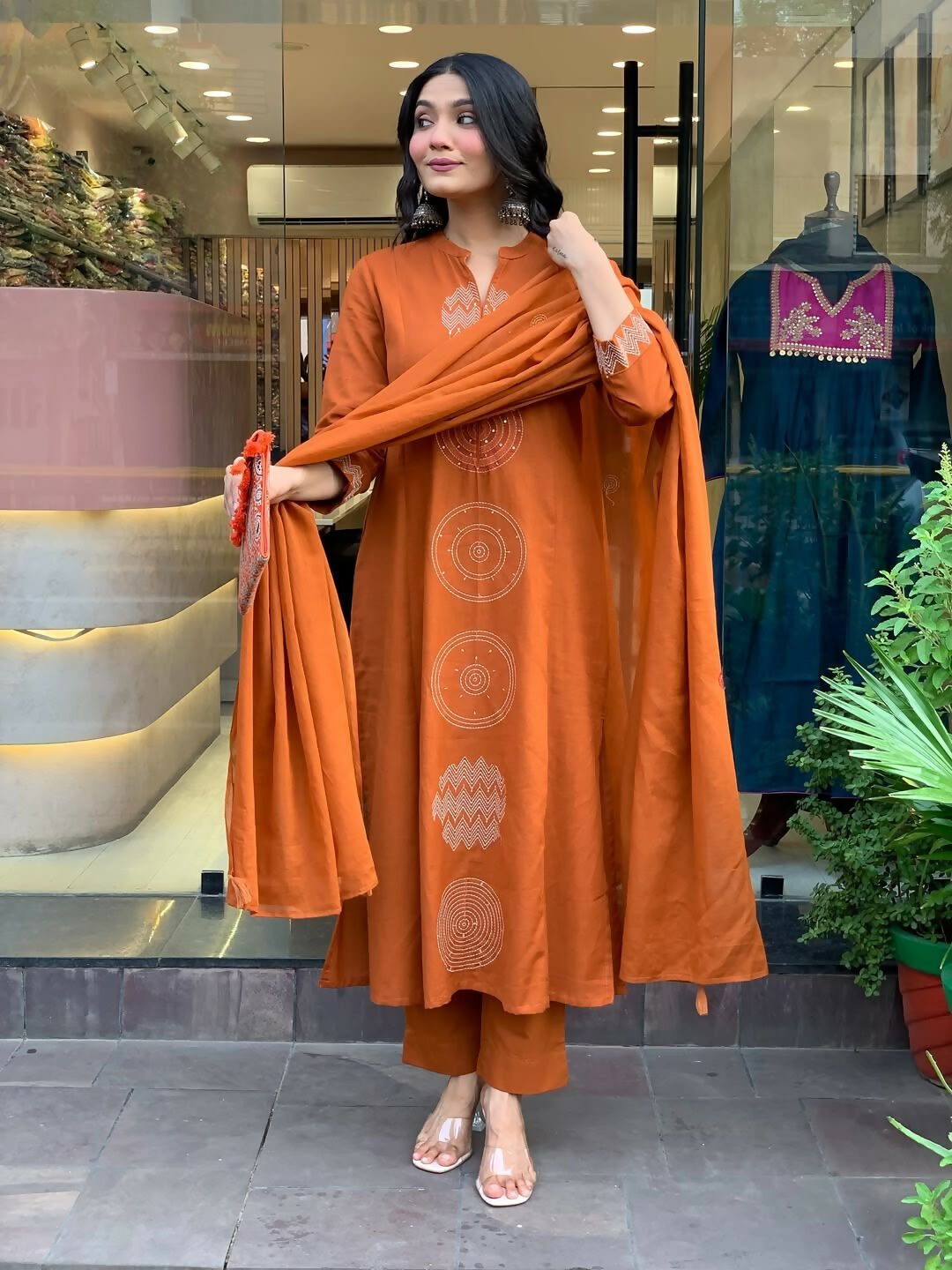 The52 Orange Women's Gorgeous Chanderi Fabric Embroidered Work Straight Kurta Pant and Dupatta Set - Swadesiicart