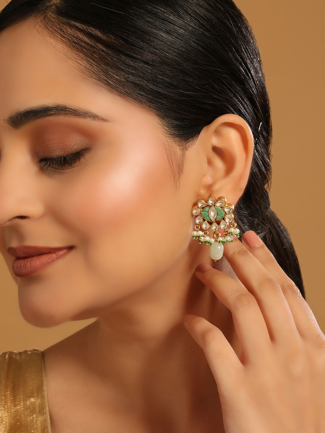 Nuyug 22K Gold Plated Semi Precious Green Stone Studded Pearl Drop Stud Earrings | Swadesiicart