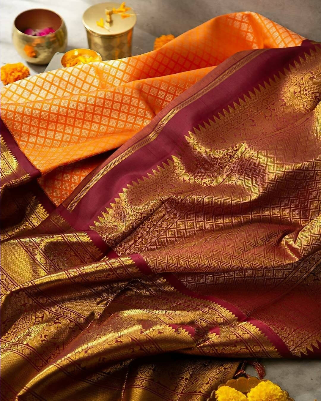 DEIANA'S Beautiful Designer Golden zari Soft Lichi Silk Saree - Orange - Swadesiicart